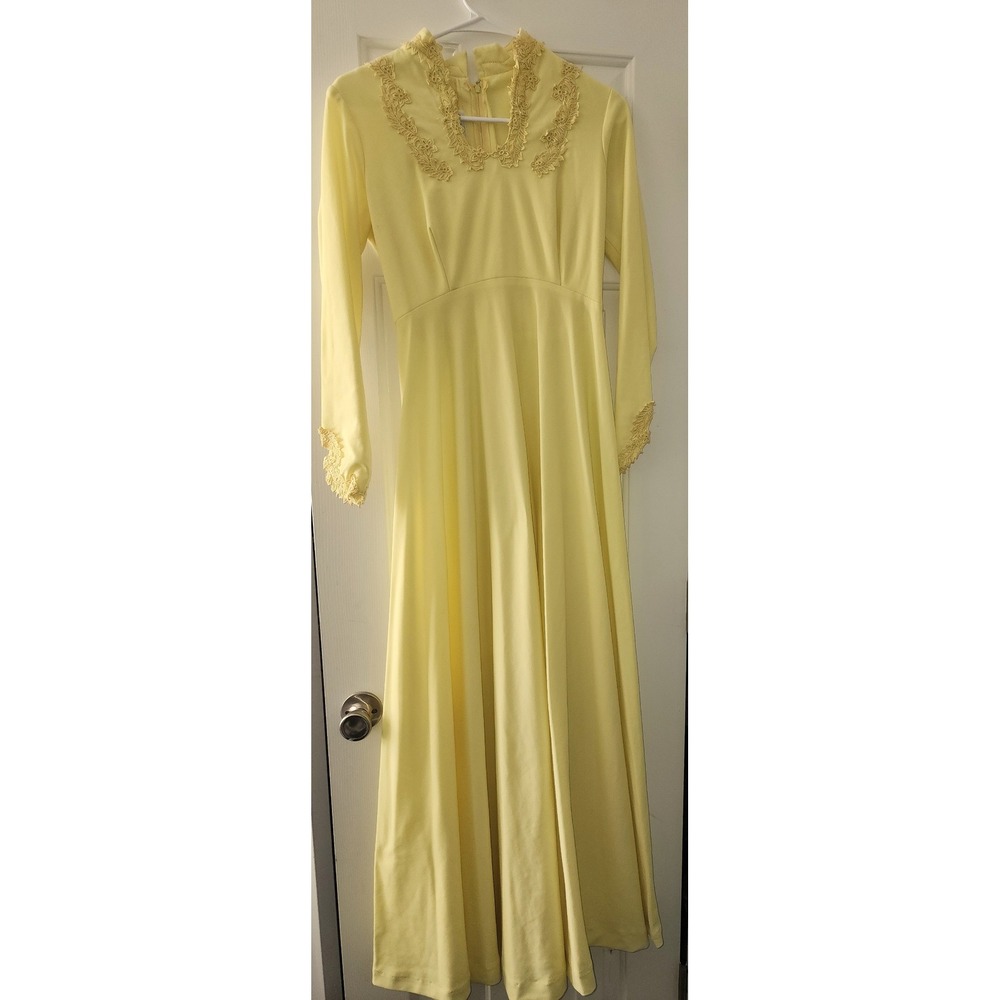 Vintage Sylvia Ann Yellow Lace Trim Maxi Dress Long Sleeve Empire Waist Gown